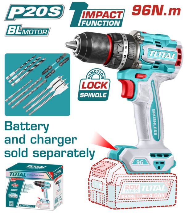 TOTAL ΕΠΑΓΓ. ΔΡΑΠ/ΒΙΔΟ ΚΡΟΥΣΤΙΚΟ ΜΠΑΤ. Li-ion 20V/96Nm BL Motor ΧΩΡΙΣ ΜΠΑΤ & ΦΟΡΤΙΣΤΗ (TIDLI209681)