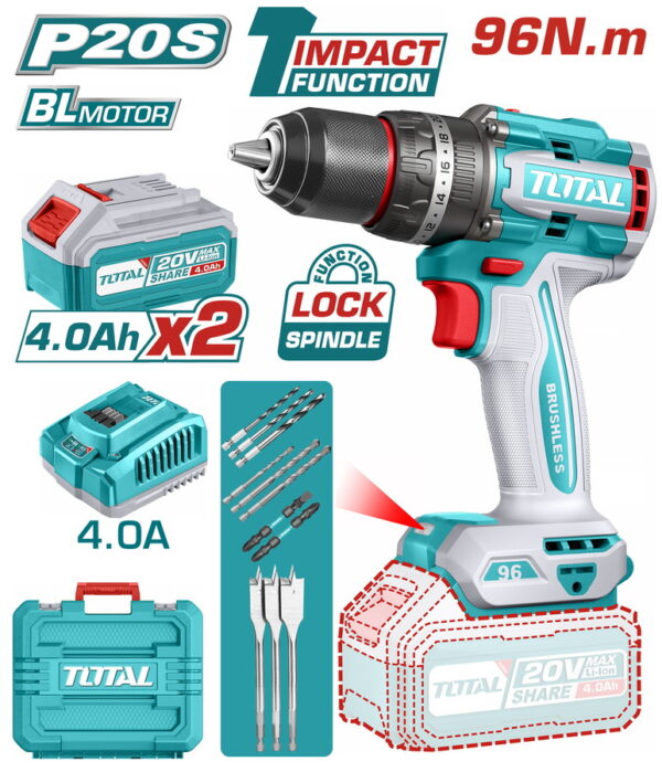 TOTAL ΕΠΑΓΓ. ΔΡΑΠ/ΒΙΔΟ ΚΡΟΥΣΤΙΚΟ ΜΠΑΤ. Li-ion 20V / 4Ah / 96Nm / 2 ΜΠΑΤ BL Motor (TIDLI20968E)
