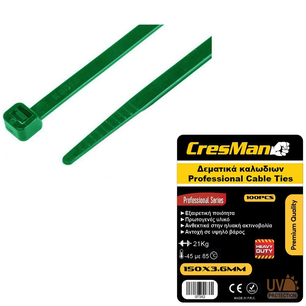 01-21-09-08-048 Δεματικό καλωδίων 4.8X250mm Cresman πράσινο 100 τεμάχια - Image 1