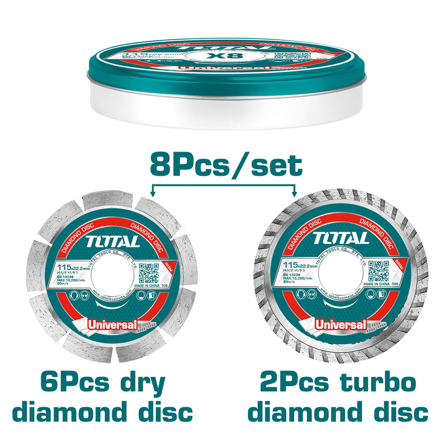 TAC2101153 TOTAL ΣΕΤ ΔΙΑΜΑΝΤΟΔΙΣΚΟΙ 115mm 8 ΤΕΜ ΣΕ ΜΕΤΑΛΛΙΚΟ ΚΟΥΤΑΚΙ (TAC2101153) - Image 1