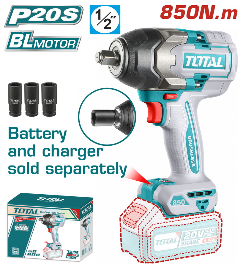 TIWLI-20851 TOTAL ΕΠΑΓΓ. ΜΠΟΥΛΟΝΟΚΛΕΙΔΟ ΜΠΑΤ. Li-ion 20V / 850Nm ΧΩΡΙΣ ΜΠΑΤΑΡΙΑ & ΦΟΡΤΙΣΤΗ (TIWLI20851) - Image 1