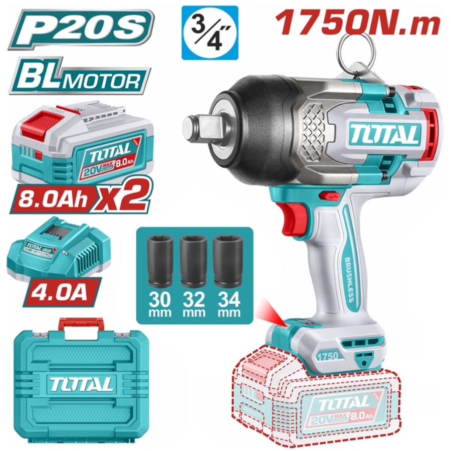 TIWLI20175E TOTAL ΕΠΑΓΓ. ΜΠΟΥΛΟΝΟΚΛΕΙΔΟ ΜΠΑΤ. Li-ion 20V / 1750Nm / 8Ah / 2 ΜΠΑΤ (TIWLI20175E) - Image 1
