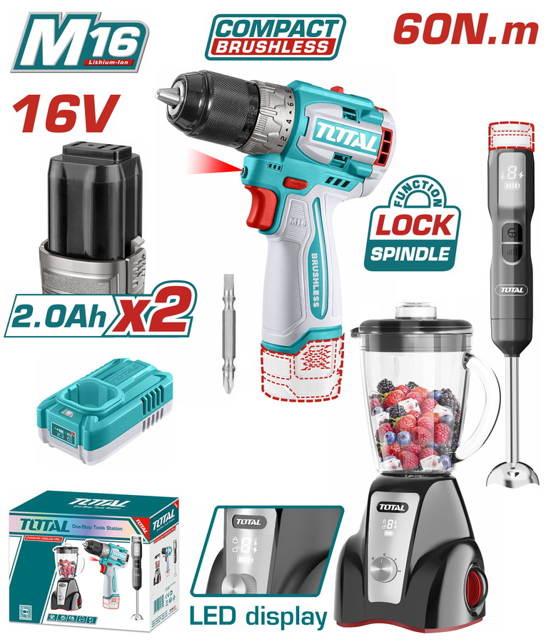 TOSLI240868E TOTAL ΣΕΤ ΔΡΑΠΑΝΟΚΑΤΣΑΒΙΔΟ 60Nm + BLENDER ΧΕΙΡΟΣ + BLENDER ΒΑΣΗΣ ΜΠΑΤ. Li-ion 16V / 2Ah / 2 ΜΠΑΤ (TOSLI240868E) - Image 1