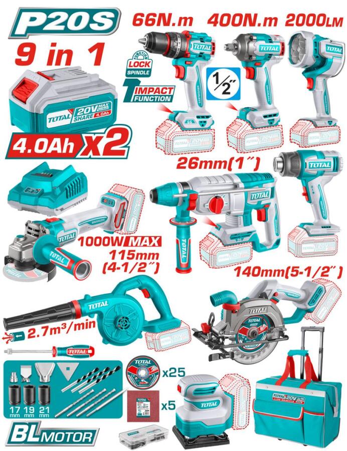 TOSLI250381E TOTAL ΕΠΑΓΓ. ΣΕΤ 9τεμ ΕΡΓΑΛΕΙΩΝ ΜΠΑΤ. Li-ion 20V / 4Ah / 2 ΜΠΑΤΑΡΙΕΣ BL Motor (TOSLI250381E) - Image 1