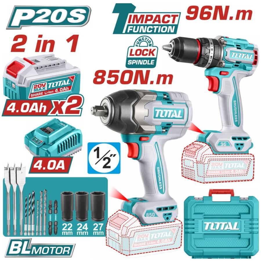 TOSLI250586E TOTAL ΕΠΑΓΓ. ΣΕΤ ΔΡΑΠ/ΔΟ ΚΡΟΥΣΤ. 96Nm+ΜΠΟΥΛΟΝΟΚΛΕΙΔΟ 850Nm ΜΠΑΤ. Li-ion 20V BL Motor (TOSLI250586E) - Image 1