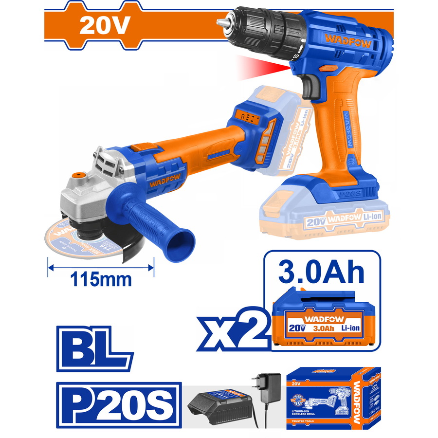 WCK20512 WADFOW ΣΕΤ ΔΡΑΠ/ΒΙΔΟ + ΓΩΝΙΑΚΟΣ ΤΡΟΧΟΣ ΜΠΑΤ. Li-ion 20V / 3Ah / 2 ΜΠΑΤ (WCK20512) - Image 1